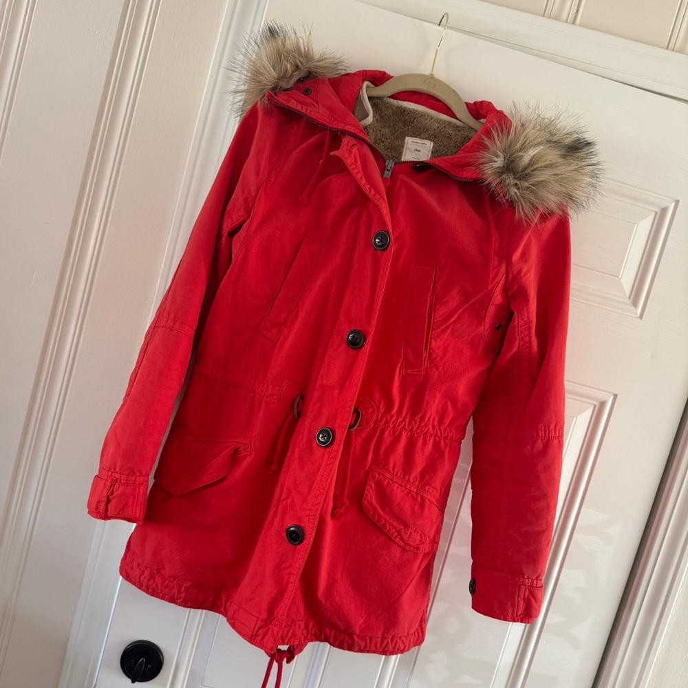 GAP Hooded Red Jacket with Faux Fur Lining